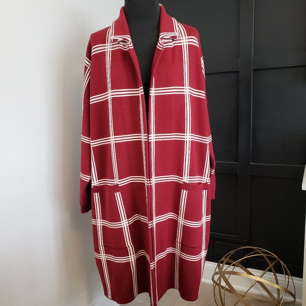 EUC Modcloth Women's Red Plaid Long Heavy Open Front Cardigan Pockets Sweater 1X